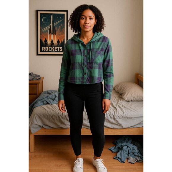 Hippie Rose Women’s S Green Purple Plaid Button Front Hooded Cropped Shirt NWT - Picture 1 of 7
